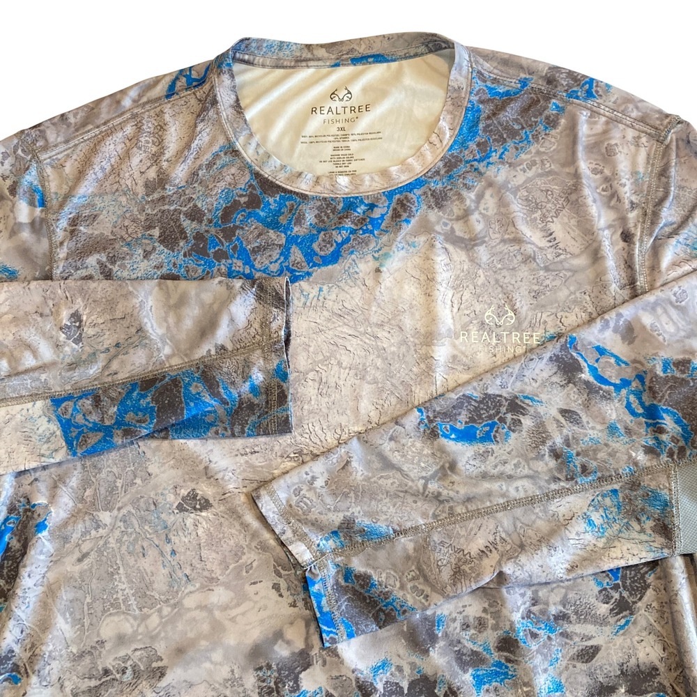 Realtree Fishing Mens 3XL Long Sleeve Performance Shirt Blue Grey Wave Camo 3X